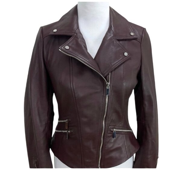 Karen Millen 10/6/38 Lamb Leather Signature Biker Jacket Purple Brown MSRP $639 - Picture 1 of 13